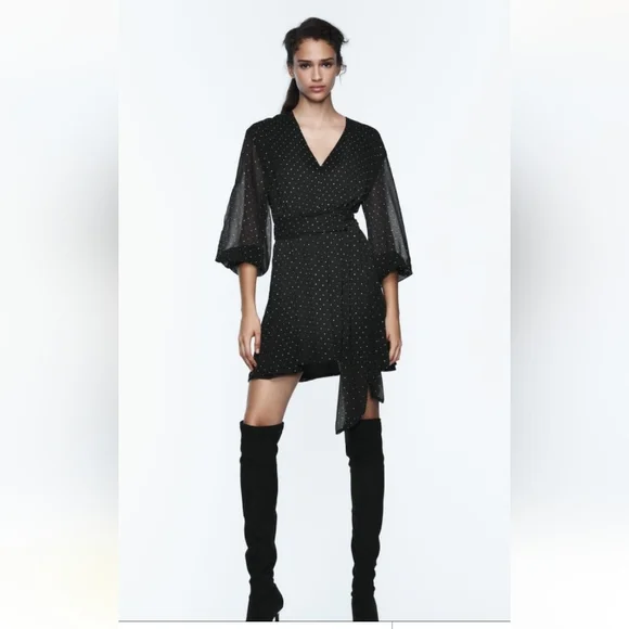 zara black mini dress with rhinestones ZARA NEW RHINESTONE + FEATHER TRIM MINI DRESS BLACK L LARGE